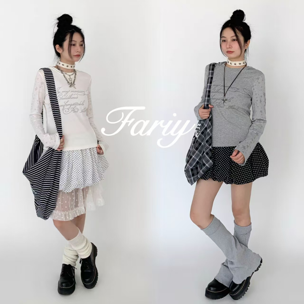 Fariy🍒คลังสินค้าพร้อม🍒 กระโปรงบัลเล่ต์ลายจุดสำหรับผู้หญิงในช่วงฤดูร้อน กระโปรงลายดอกไม้เอวยางยืดสีดำและสีขาวพร้อมกางเกงนิรภัย