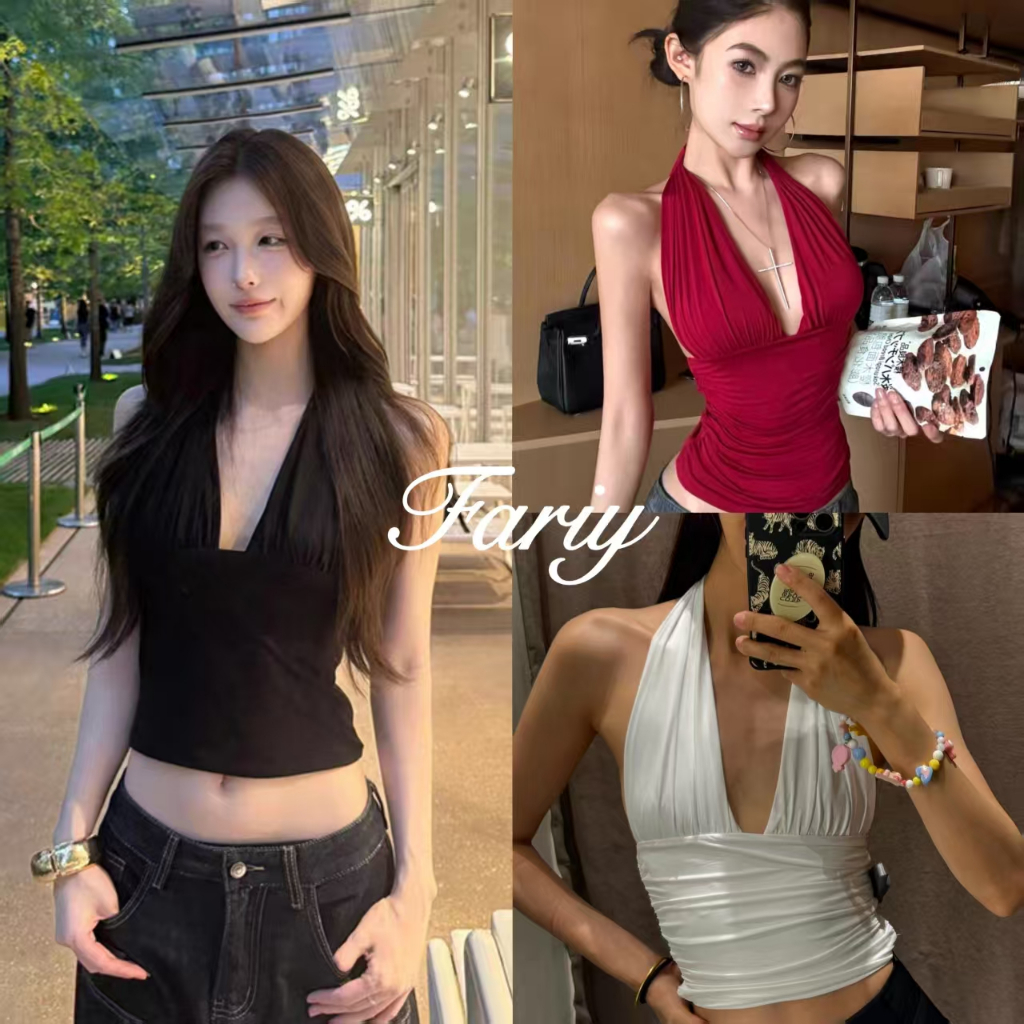 Fariy🍒คลังสินค้าพร้อม🍒 เสื้อกั๊กคอวีเว้าลึกสีพื้นเรียบง่ายสำหรับผู้หญิง เสื้อกีฬาเข้ารูปเปิดหลังเข้ารูปอเนกประสงค์