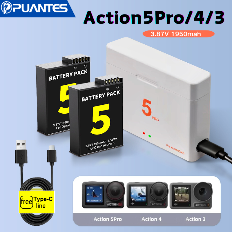 Puantes DJI Osmo Action แบตเตอรี่กล้องแบตเตอรี่ + USB 2-Slot Charger เหมาะสําหรับ Osmo Action 5 Pro/