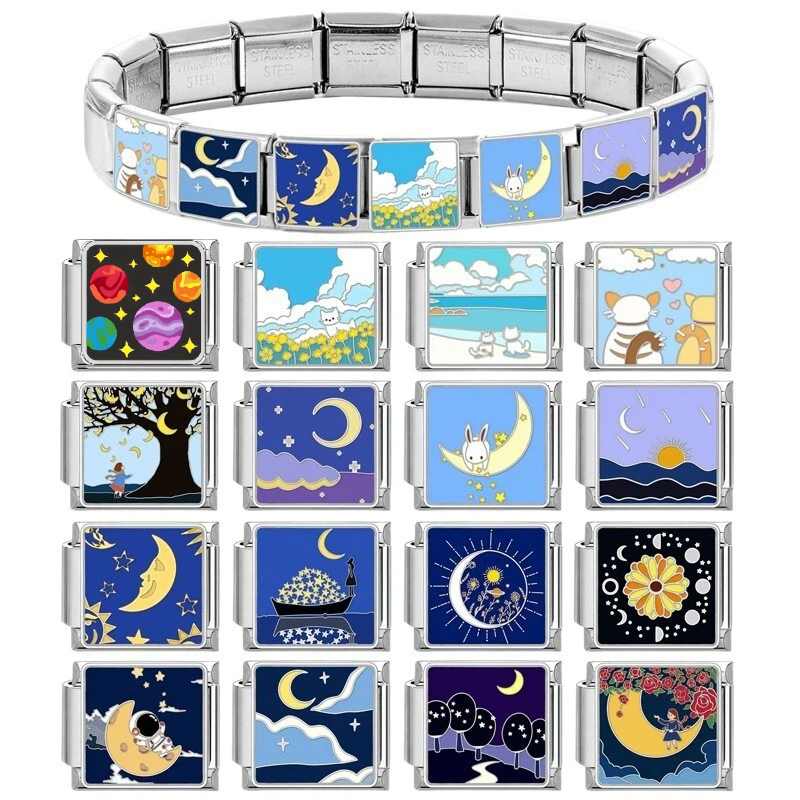 สร้อยข้อมือ-link-fit สแตนเลส ออกแบบอิตาเลียน charm ดวงจันทร์และดาว ขนาด 9 มม.