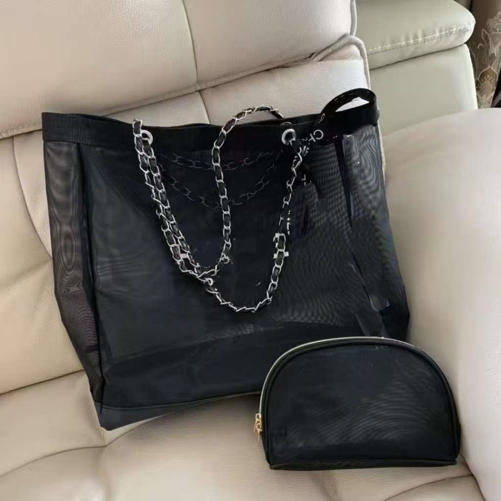 Nylon Gauze Tote Bag Beach Bag Shoulder Female Bag Chain Bag Black White Large Capacity