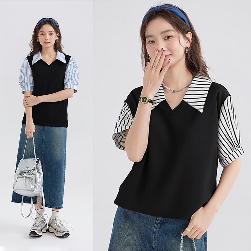 ผู้หญิงฤดูร้อนสไตล์เกาหลีเสื้อโปโลคอปกแขนสั้นลายออกแบบโอเวอร์ไซส์ขนาดบวก ชุดลําลอง (40-150 กิโลกรัม)