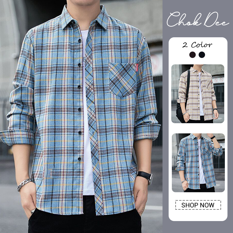 เสื้อลายสก๊อตแขนยาวสำหรับผู้ชาย บาง สบายๆ ใส่ได้ทุกวัน