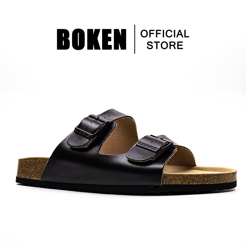 BOKEN รองเท้าแตะรองเท้าแตะชายหาดกลางแจ้ง Casual Classic Flat Soft Cork Clogs สองสายสีดํา