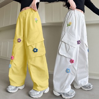 130-160cm กางเกงเด็ก Workwear กางเกงเด็กผู้หญิง การออกแบบดอก…