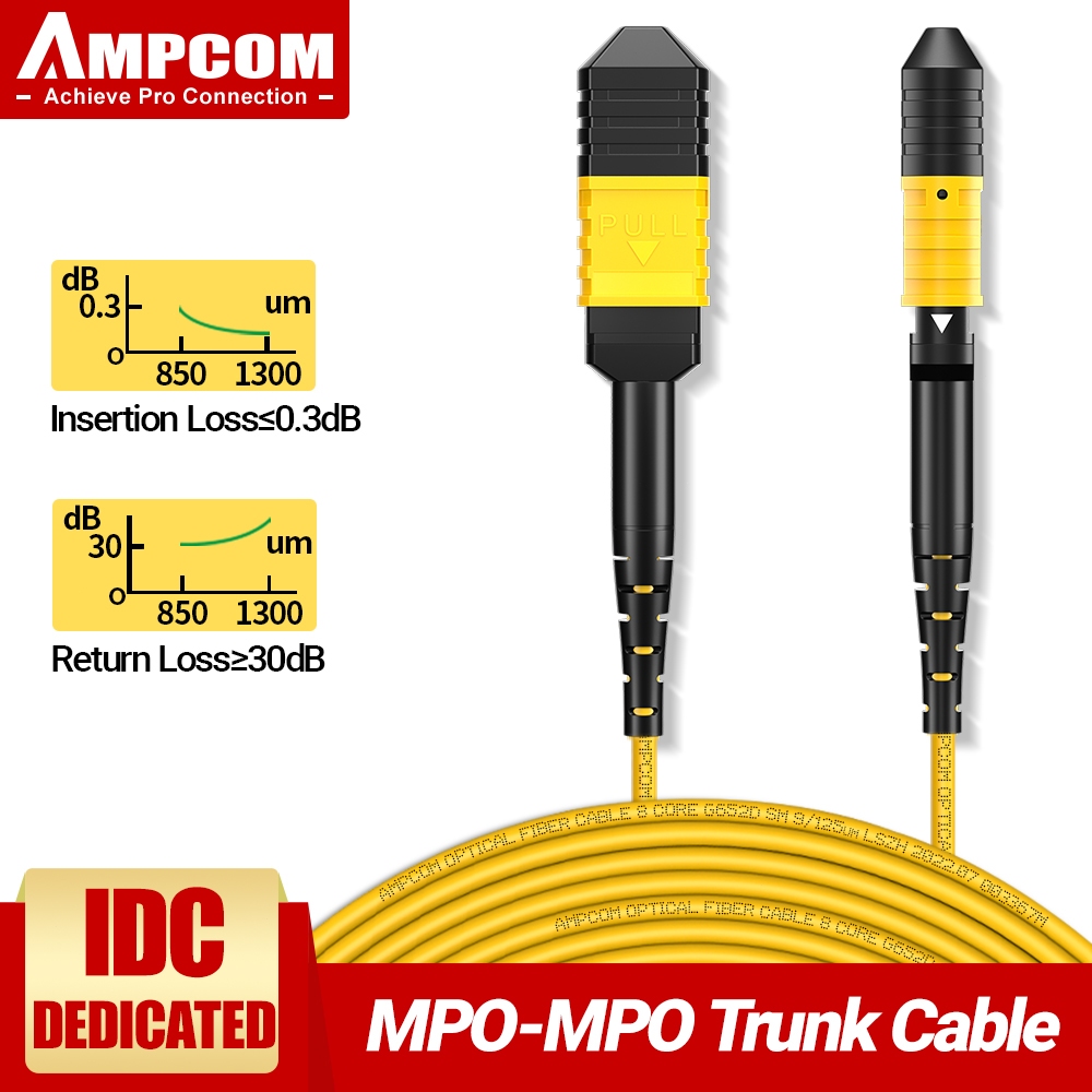 AMPCOM MPO to MPO Type B Fiber Patch Cord OS2 Singlemode 8/12/24 Cores Trunk Cable สําหรับ 10G QSFP+