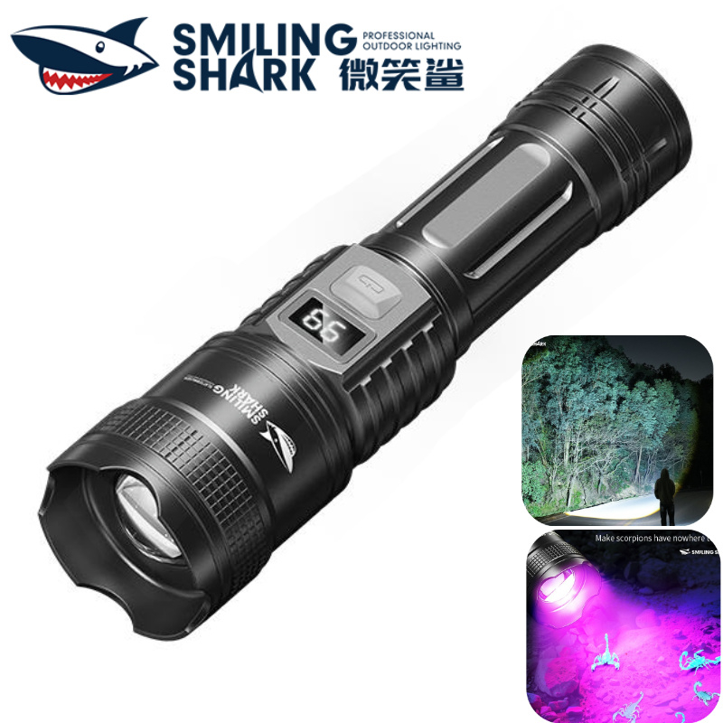 SMILING SHARK ไฟฉาย LED UV 395nm แสงสีม่วง 2 โหมด Type-C ชาร์จ กันน้ำ สว่างสดใส สำหรับกลางแจ้งและแคมปิง