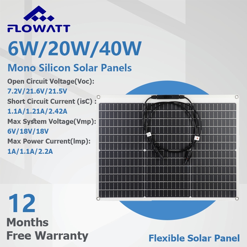 PowMr แผงพลังงานแสงอาทิตย์ 6W 20W 40W ยืดหยุ่น กันน้ํา DIY สําหรับรถยนต์ รถบ้าน กลางแจ้ง