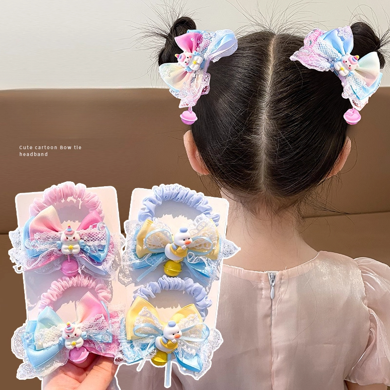 สายรุ้งโบว์คาดศีรษะสีเหลืองสำหรับเด็ก เป็ดน้อยและระฆังด้านบนคลิป