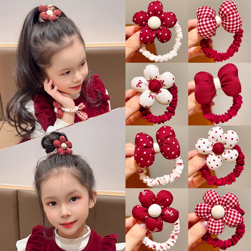 เข็มขัดผมแบบ scrunchy ลายจุดและดอกไม้ ยืดหยุ่นสูง เหมาะสำหรับเด็ก