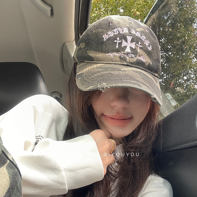 หมวกเบสบอลขนาดเล็กสไตล์เกาหลี Niche Retro Distressed ติดลายปักลาย Cameo สำหรับสวมใส่ทุกวันและแมッチได้หลากหลาย - รูปที่ 4