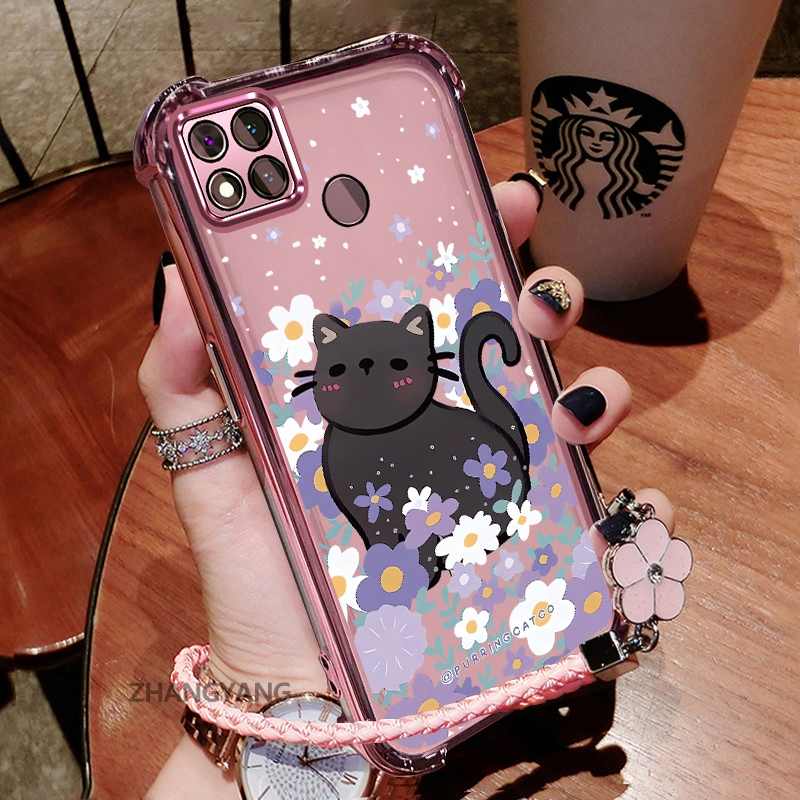 เคสสําหรับRedmi 9c 10Aเคสโทรศัพท์กันกระแทกElectroplatedพร้อมดอกไม้ความงามและลายแมวน่ารักTPU soft Caseฟรีเชือกเส้นเล็ก