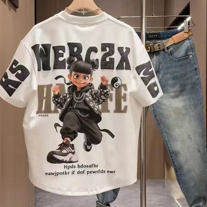 เสื้อยืดแขนสั้นผ้าฝ้ายสำหรับสาวๆ พิมพ์ลายอินเทรนด์ คุณภาพเยี่ยม