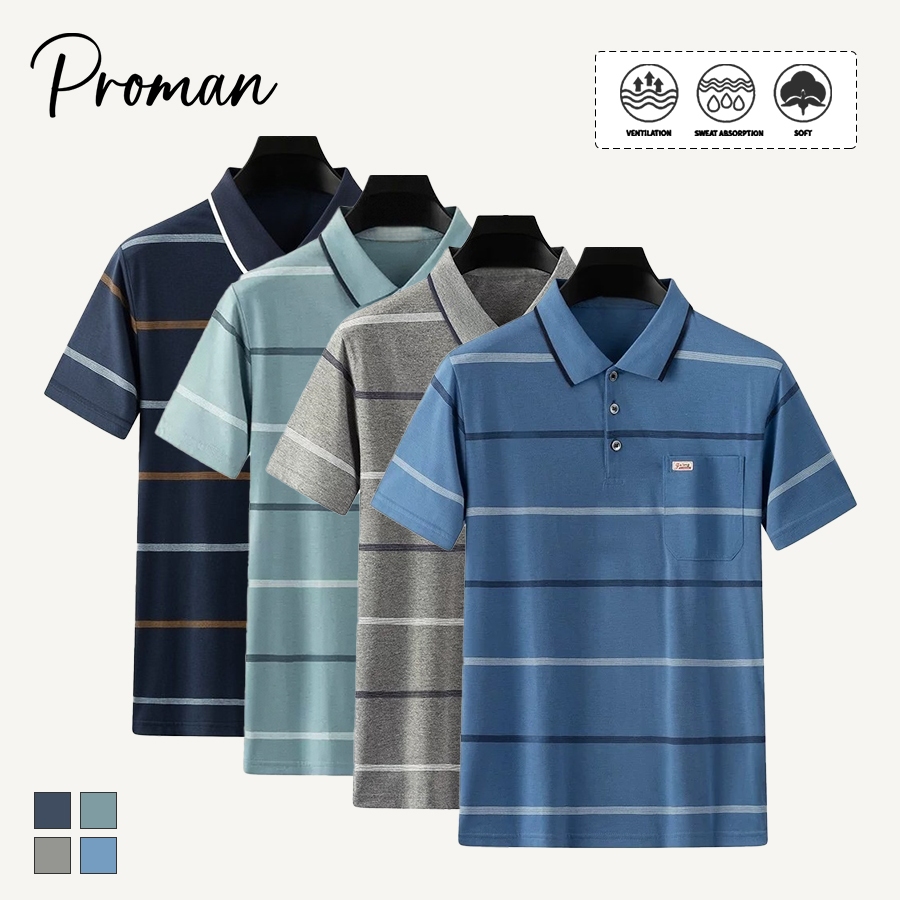 ⚡ProMan⚡เสื้อโปโลผู้ชายลายทาง  ชุดพ่อ  ไซส์ใหญ่  เย็บสีแขนสั้น  แบบหลวม ราคา ถูกที่สุด ดีลบีเคเค รูปภาพหลัก