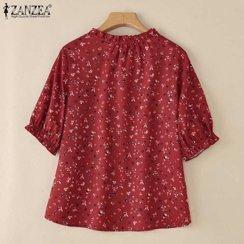 ZANZEA ใส่ ซานเซีย ผู้หญิงเกาหลีหลวมดอกไม้พิมพ์รอบคอตกแต่งปุ่มที่มีขอบเสื้อ — صورة 8