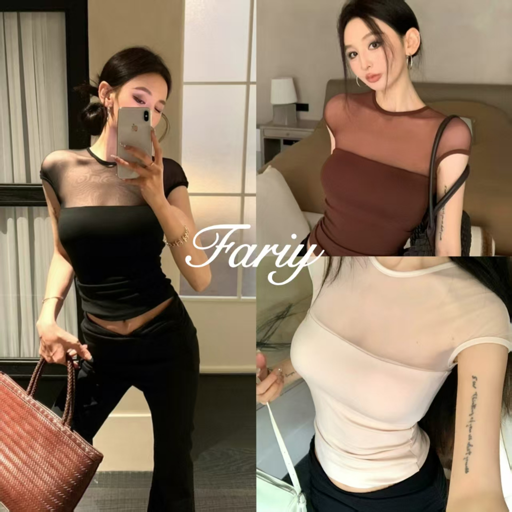Fariy🍒คลังสินค้าพร้อม🍒 เสื้อยืดแขนสั้นผ้าตาข่ายโปร่งใสไมโครสำหรับผู้หญิงฤดูร้อนปี 2025 ใหม่รัดรูปพร้อมแผ่นรองหน้าอกเสื้อสาวเซ็กซี่สุดฮอต