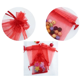 10*15เซนติเมตรสีแดงเส้นด้ายกระเป๋า เชือกรูด ถุงของขวัญเครื่องประดับบรรจุภัณฑ์ถุงตาข่าย