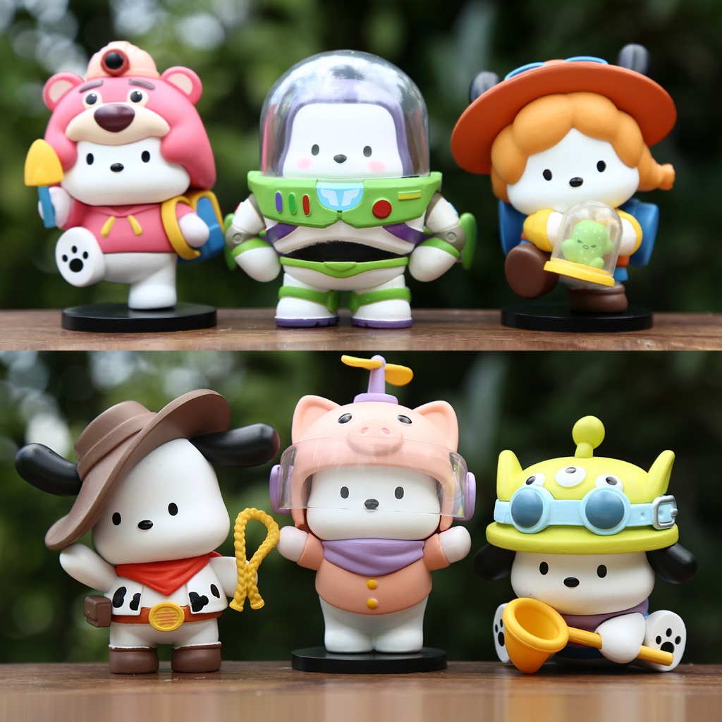 6 ชิ้น/เซ็ต 7-9 ซม.การ์ตูนอะนิเมะ Pochacco คอสเพลย์นายอําเภอ Woody Buzz Lightyear Aliens Jessie HammLotso รุ่น Q PVC ตัวเลขการกระทําตุ๊กตาของเล่น