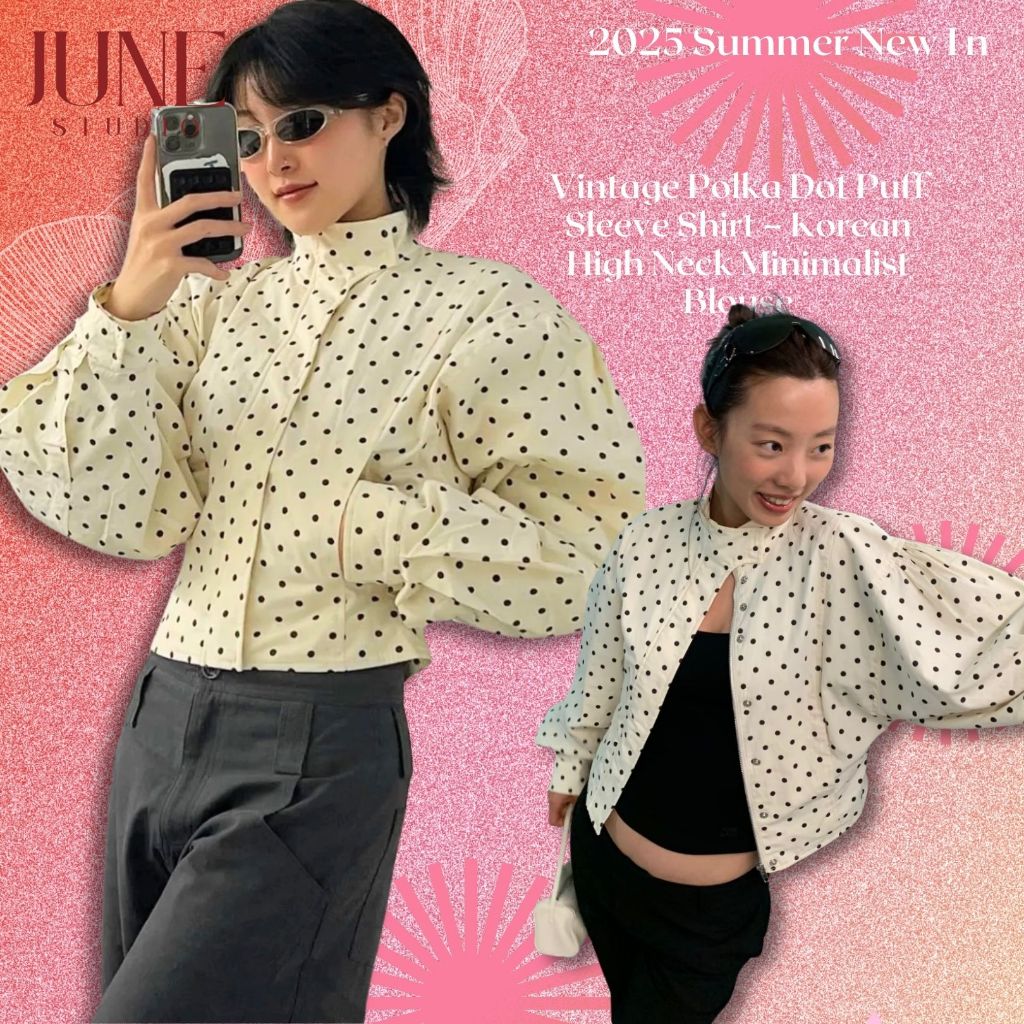 [June Studio] เสื้อแขนยาวแบบ retro polka dot ผ้าฝ้ายแท้ ทรงหลวม คอสูง