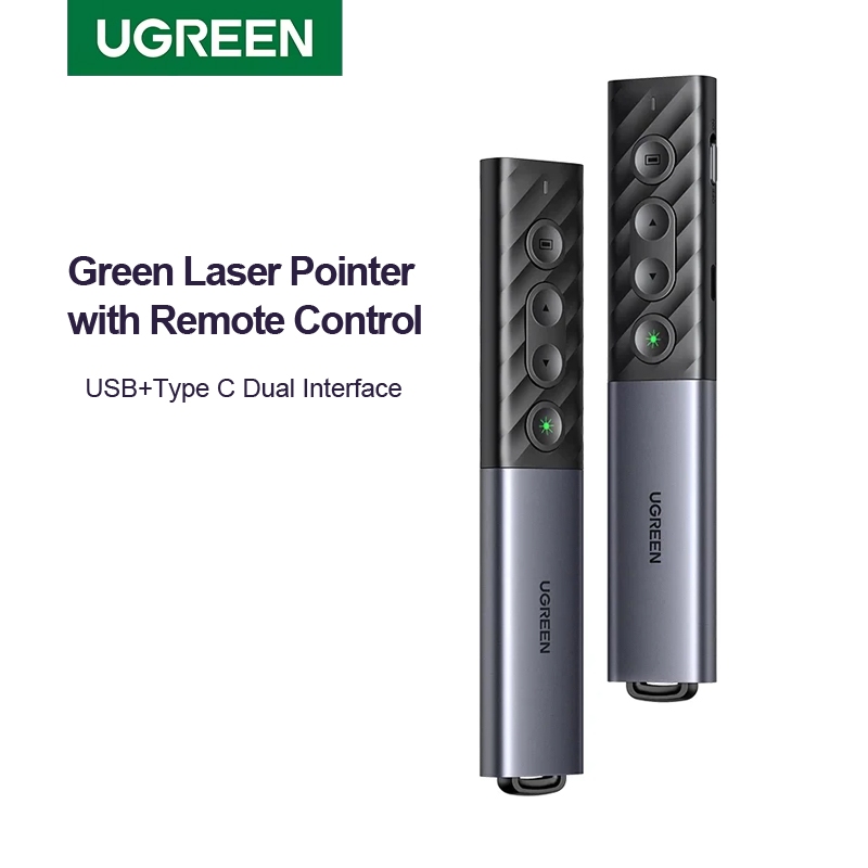 UGREEN ตัวชี้เลเซอร์สีเขียวUGREEN ตัวคลิก Powerpoint แบบชาร์จไฟได้ 2 in 1 การนําเสนอ PPT ระยะไกลไร้สาย