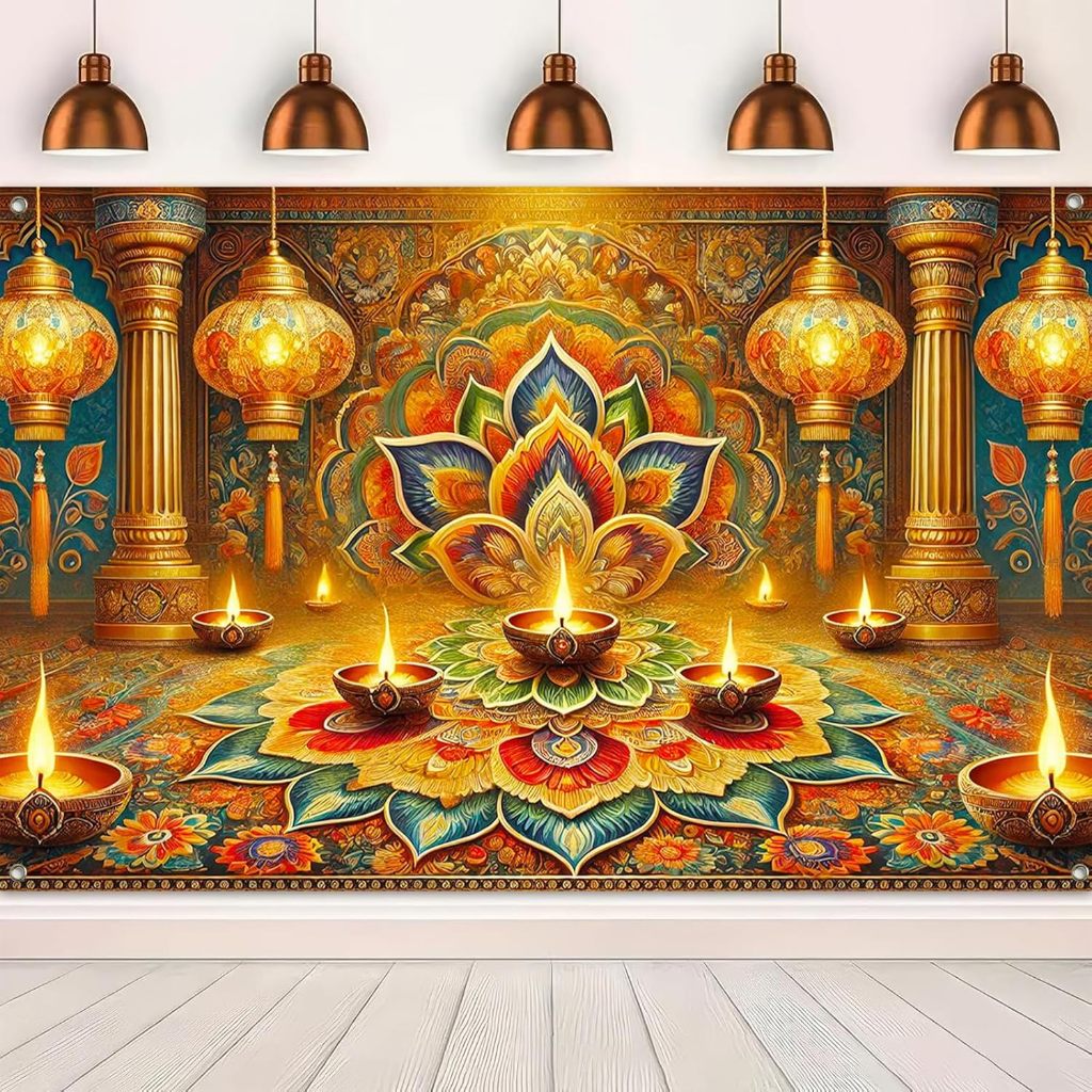 Diwali ฉากหลังแบนเนอร์ Rangoli Diya โคมไฟเทศกาลไฟ Photo Booth พื้นหลังตกแต่งวันหยุดอินเดีย