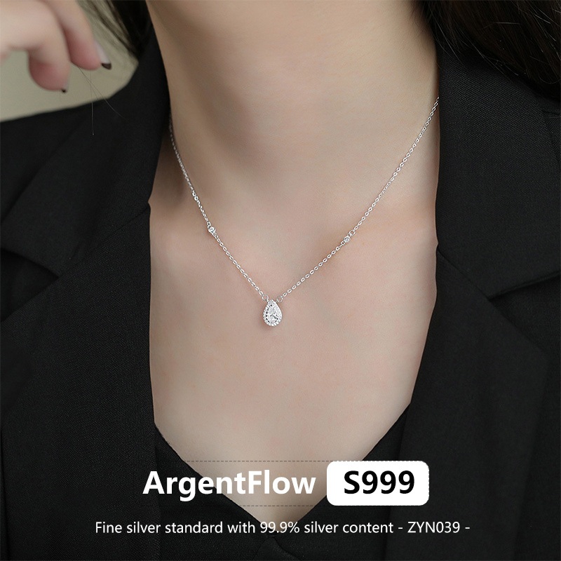 ArgentFlow 100% Original S999 Fine Silver Water Drop สร้อยคอเกาหลี Minimalist สไตล์ Micro-Pave Zirco