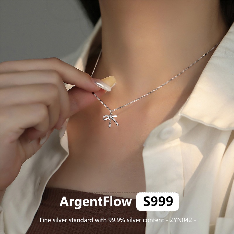 ArgentFlow 100% Original S999 Fine Silver Minimalist Bow สร้อยคอไหลพู่ออกแบบ Hypoallergenic Dainty เ