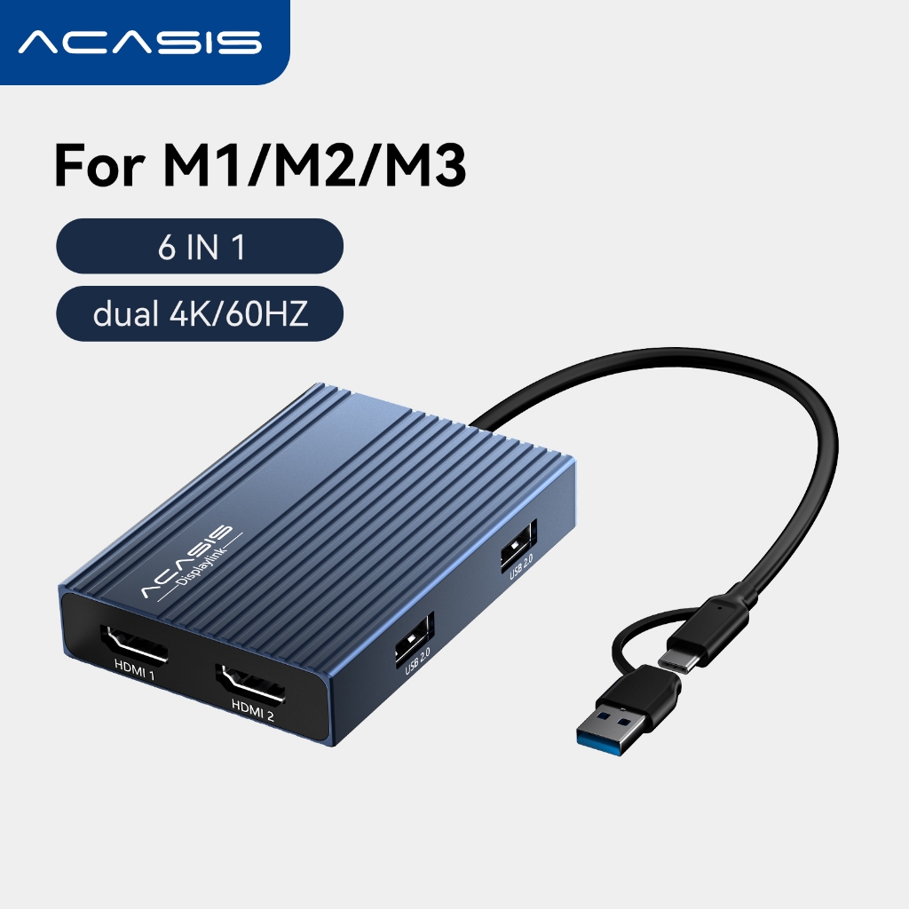 ACASIS 6-IN-1 USB C ถึง Dual HDMI Displaylink อะแดปเตอร์ Docking 4K @ 60Hz, 2 พอร์ต HDMI & 3 USB-A, 100W PD ชาร์จสามหน้าจอสําหรับ Macbook M1/M2/M3/S ระบบ USB A/C ถึง Du