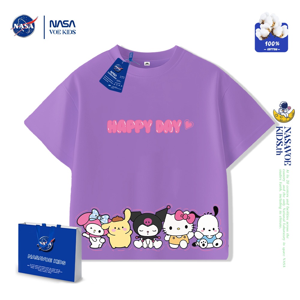 พร้อมส่งภายใน 24 ชม. NASAVOEBABY ไจลส์ ชอร์ตสลิฟฟ์ sanrio เสื้อยืดพิมพ์ลายการ์ตูนผ้าฝ้ายแท้ 100%คอกลมแขนสั้นเหมาะสําหรับ 3-15 - รูปที่ 3