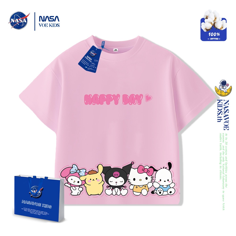 NASAVOEBABY ไจลส์ ชอร์ตสลิฟฟ์ sanrio เสื้อยืดพิมพ์ลายการ์ตูนผ้าฝ้ายแท้คอกลมแขนสั้นเหมาะสําหรับ 3-15