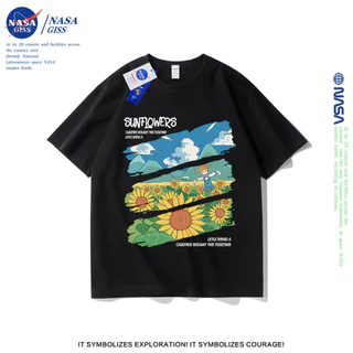 NASA เสื้อยืดชายหญิงแขนสั้น สตรีทสไตล์ลำลอง summer ดอกทานตะวัน พิมพ์ลาย คอตตอน คอกลม หลวมและระบายอากาศ