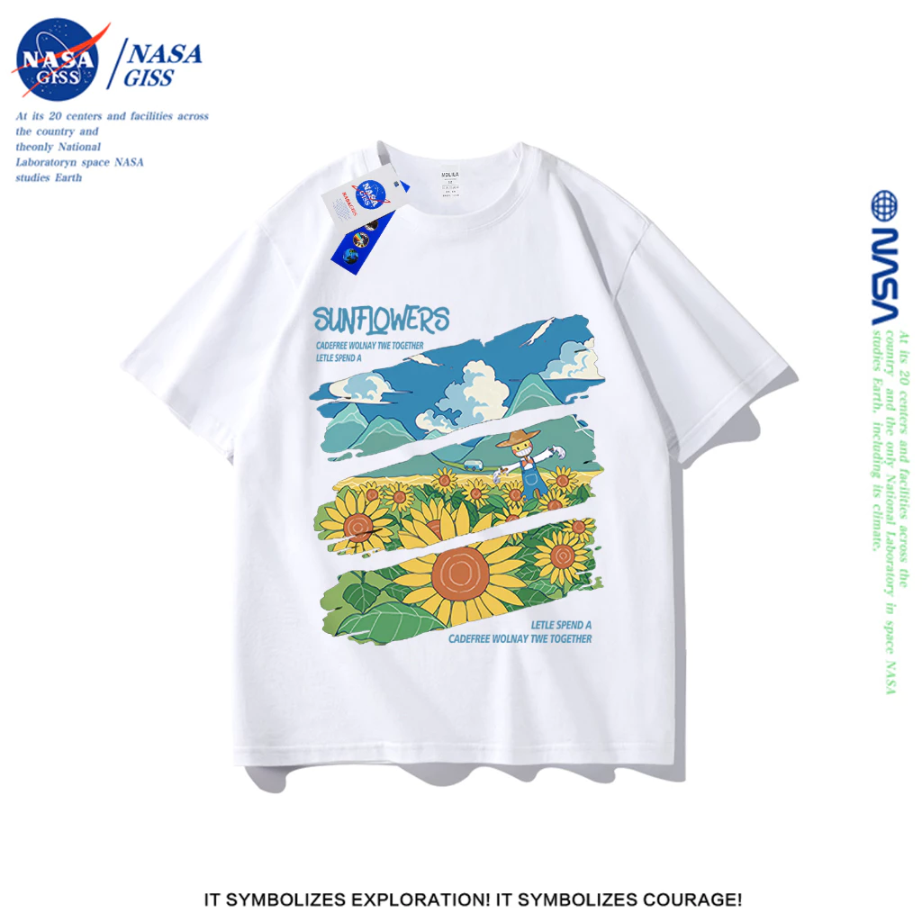 NASA เสื้อยืดชายหญิงแขนสั้น สตรีทสไตล์ลำลอง summer ดอกทานตะวัน พิมพ์ลาย คอตตอน คอกลม หลวมและระบายอากาศ