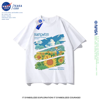 NASA เสื้อยืดชายหญิงแขนสั้น สตรีทสไตล์ลำลอง summer ดอกทานตะวัน พิมพ์ลาย คอตตอน คอกลม หลวมและระบายอากาศ