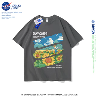 NASA เสื้อยืดชายหญิงแขนสั้น สตรีทสไตล์ลำลอง summer ดอกทานตะวัน พิมพ์ลาย คอตตอน คอกลม หลวมและระบายอากาศ