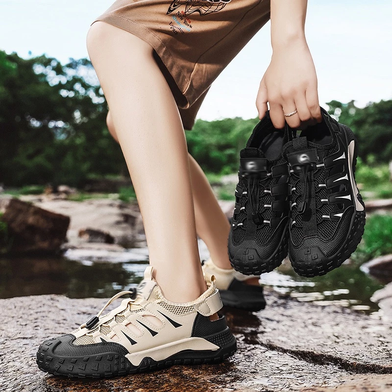 COD Men Hollow Quick Drain Water Sandals หนา Anti Slip Sole สําหรับ River Wading Beach กิจกรรม #H102