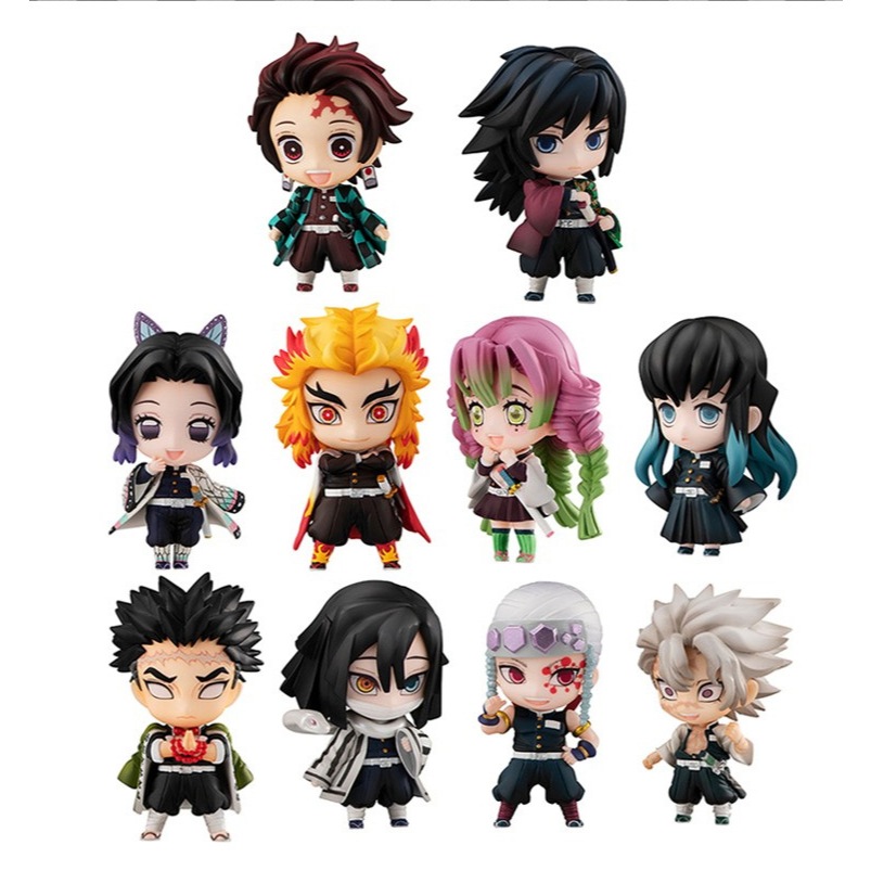 10 Demon Slayer Anime Figures รุ่น Q Tanjiro ผีเสื้อ Shinobu Kyojuro Love คอลัมน์ตุ๊กตาแคปซูลของเล่น