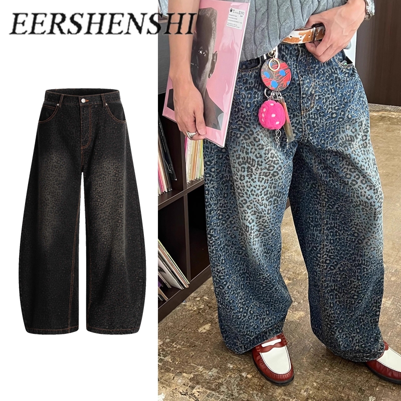 EERSHENSHI กางเกงยีนส์ผู้หญิงสไตล์วินเทจ พิมพ์เสือดาว ทรงคลาย ๆ