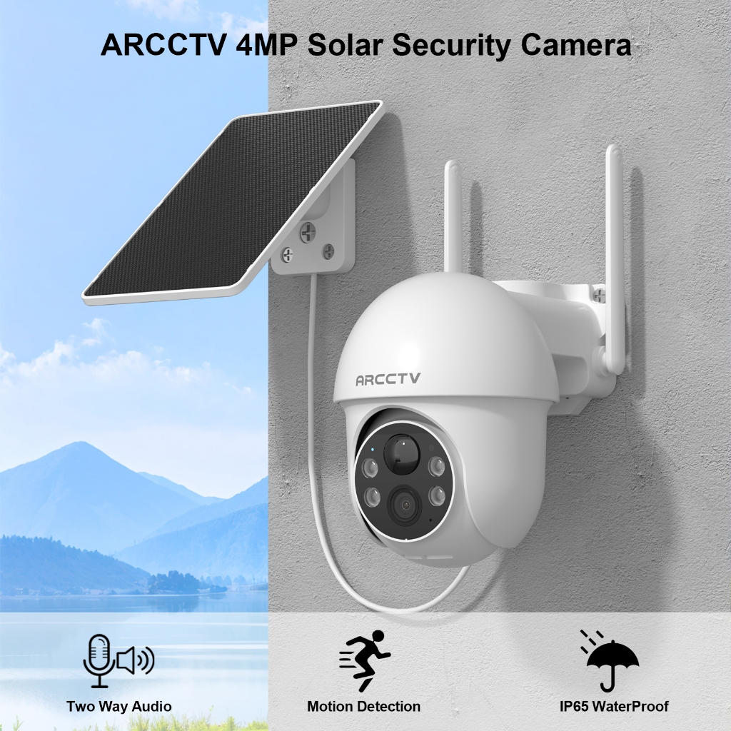 ARCCTV กล้องรักษาความปลอดภัยกลางแจ้ง 4MP แบตเตอรี่พลังงานแสงอาทิตย์ PTZ โดมไร้สายกลางแจ้ง WiFi แฮนด์ฟรี 2-Way Talk PIR Motion Detection