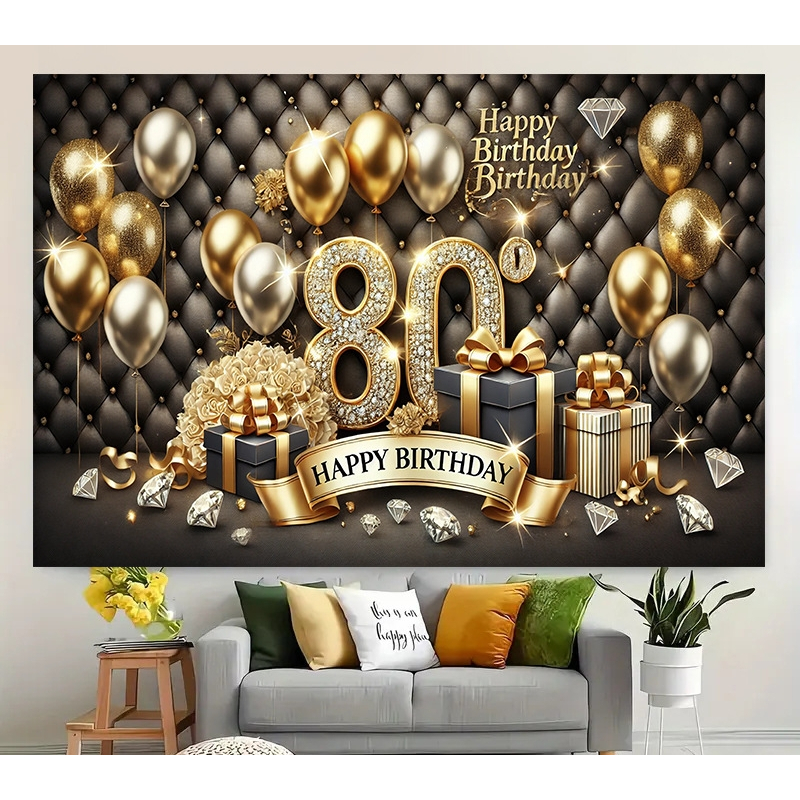 5x3ft สีดําทองหรูหรา 80th วันเกิด Happy การถ่ายภาพฉากหลัง 80th Birthday Party ตกแต่งแบนเนอร์พื้นหลัง