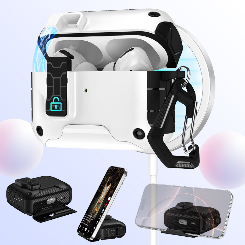 ใหม่สําหรับเคส airpods 4/airpods pro2/pro3 | ฝาพับแม่เหล็ก ว/ ขาตั้ง & รองรับการชาร์จแบบไร้สาย + ฟรีตะขอเกี่ยว คาราไบเนอร์ – โปรปัง