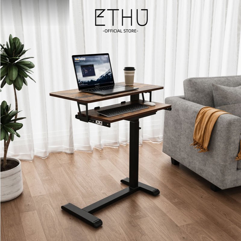 [ETHU] โต๊ะข้างเตียง ปรับระดับได้ ถาดคีย์บอร์ดยืดเก็บได้ ติดตั้งทั้งซ้ายขวา ล้อซ่อน รับน้ำหนัก 20kg Overbed Table