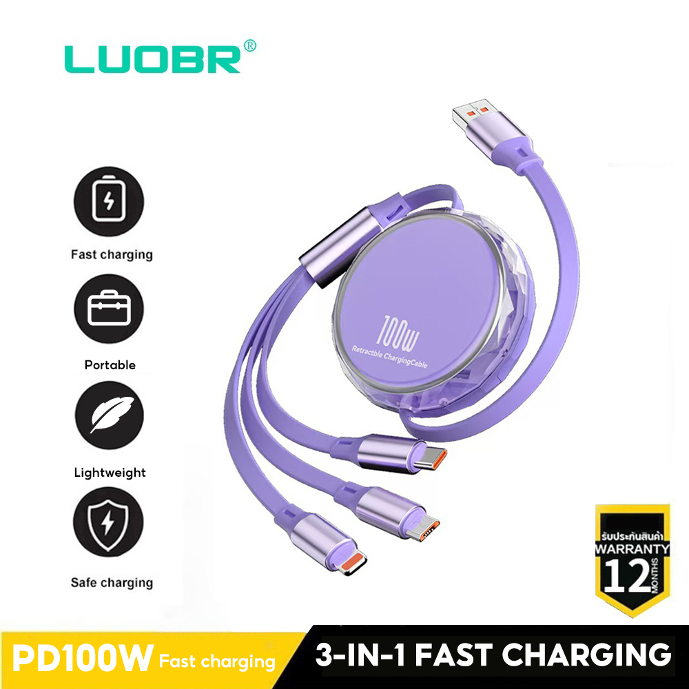 สายชาร์จเร็ว 100W 3-in-1 Fast Charging Data Cable แบบ USB to Micro USB+ for Li+Type C