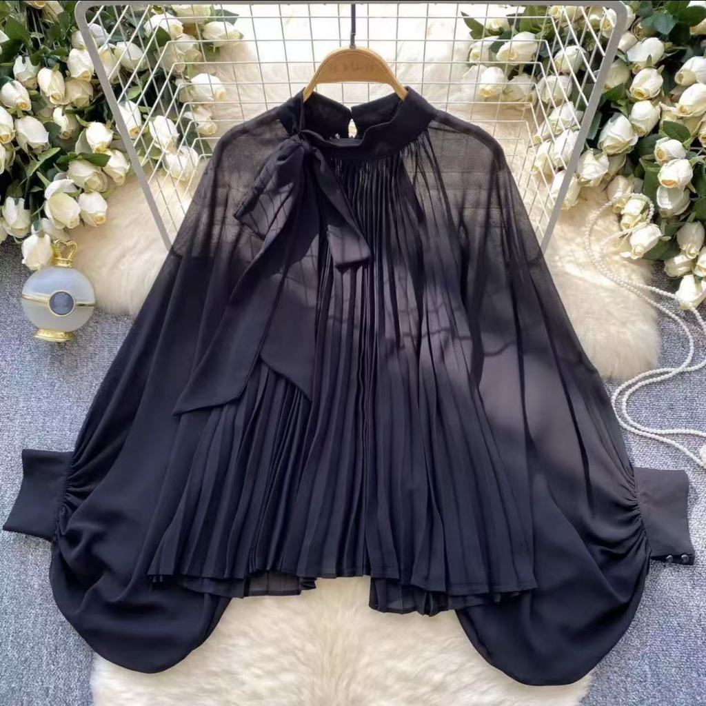 เสื้อแขนยาวสไตล์เกาหลีสำหรับผู้หญิง ทำจากเนื้อชีฟอง ออกแบบให้สวมใส่ง่ายและสบาย