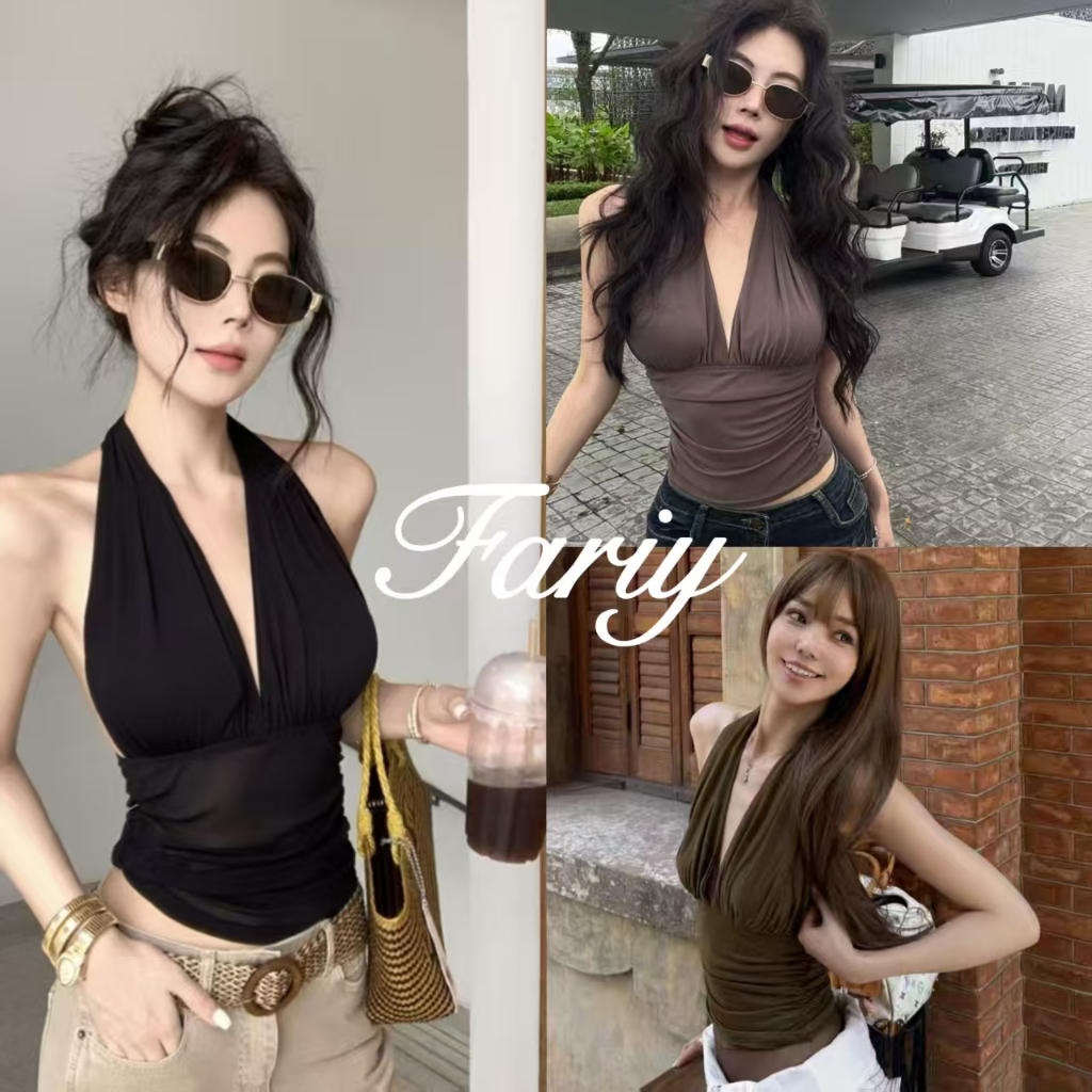 Fairy🍒（ไทยส่ง ）เสื้อครอป คล้องคอ โชว์หลัง สีพื้น ท็อปปิ้งระบายชายเดียวแต่งรูด ผู้หญิง เซ็กซี่ สีพื้น
