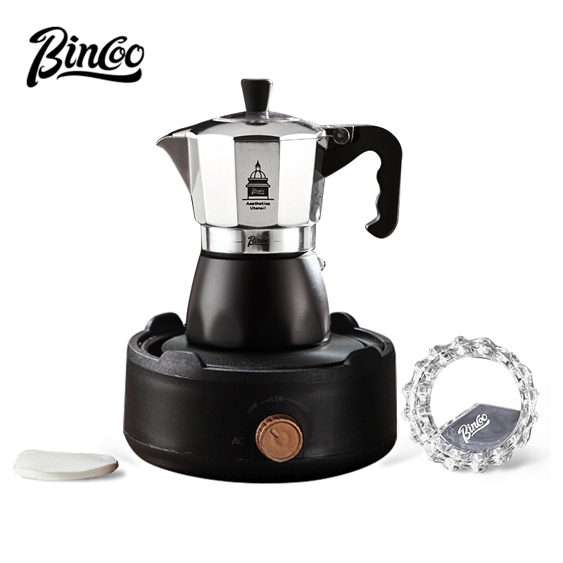 BINCOO Dual Valve Moka Pot เครื่องทําเอสเปรสโซในบ้านพร้อมหม้อไฟฟ้า ชุดเครื่องบดด้วยมือขนาดเล็ก ชุดเครื่องชงกาแฟ 2 ถ้วย
