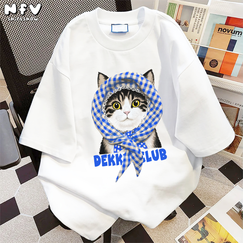 NFV แฟชั่นเกาหลี🌟เสื้อยืด ลายพิมพ์หมาพันผ้าพันคอหัว oversize ใส่สบายไม่รัดตัว ทรงหลวม ผ้าฝ้ายแท้ YG0 - รูปที่ 4