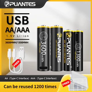 PUANTES แบตเตอรี่ชาร์จ USB 1.5V AA/AAA LI-ion 3600mwh/1300mwh TYPE-C ชาร์จ