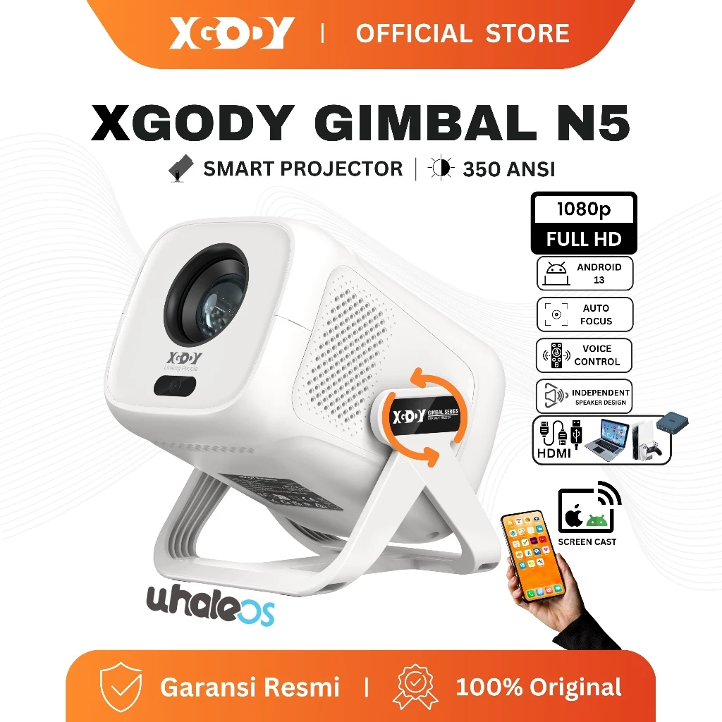 XGODY กิมบอล N5 สมาร์ท โปรเจคเตอร์ แอลซีดี - FHD 1080P - ระบบ WhaleOs - ควบคุมด้วยเสียง - 350 ANSI -
