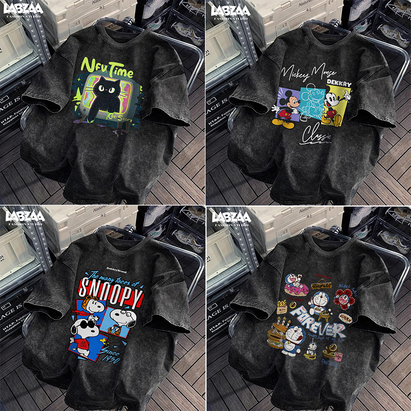 พร้อมส่ง💥ลายพิมพ์แฟชั่น เสื้อยืดแขนสั้นคอกลม ผ้าฝ้ายแท้ วินเทจฟอกน้ำ ผู้ชาย ฤดูร้อน oversize YG0