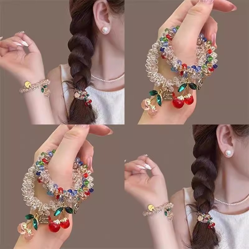 สร้อยข้อมือเชอร์รี่คริสตัลระดับไฮเอนด์สไตล์เกาหลีแบบใช้คู่แหวนผมหัวเชือกหางม้าเชือกผูกผม พลอยเทียม สีสันสดใส